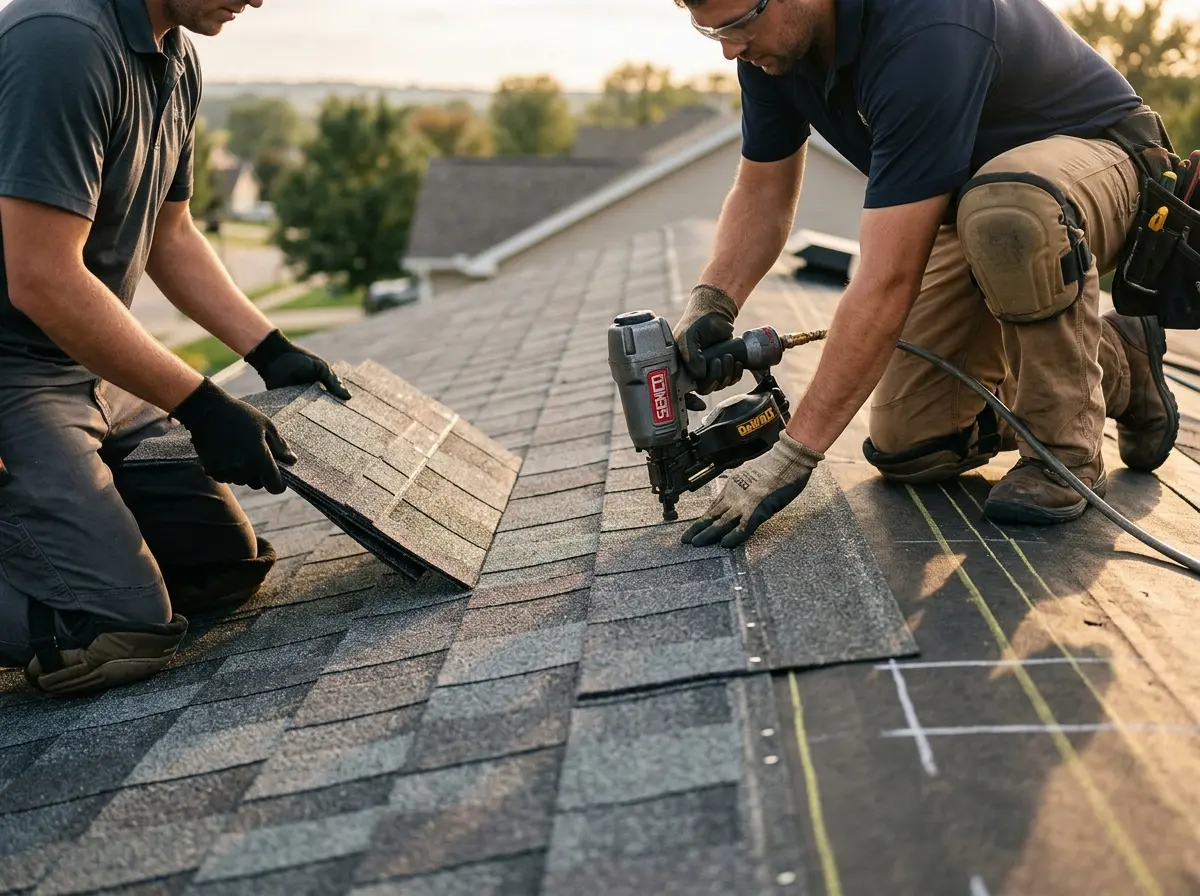 Professional roofer working on a residential roof in Candler-McAfee